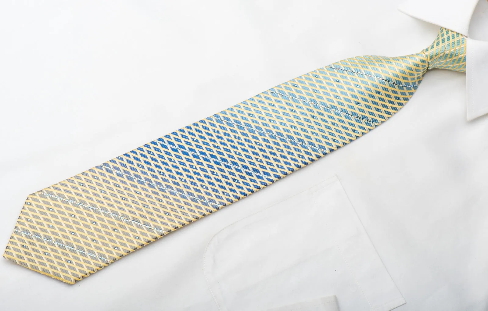 Park Land Men's Silk Necktie Yellow Lattice On Blue Sparkling With Rhinestones