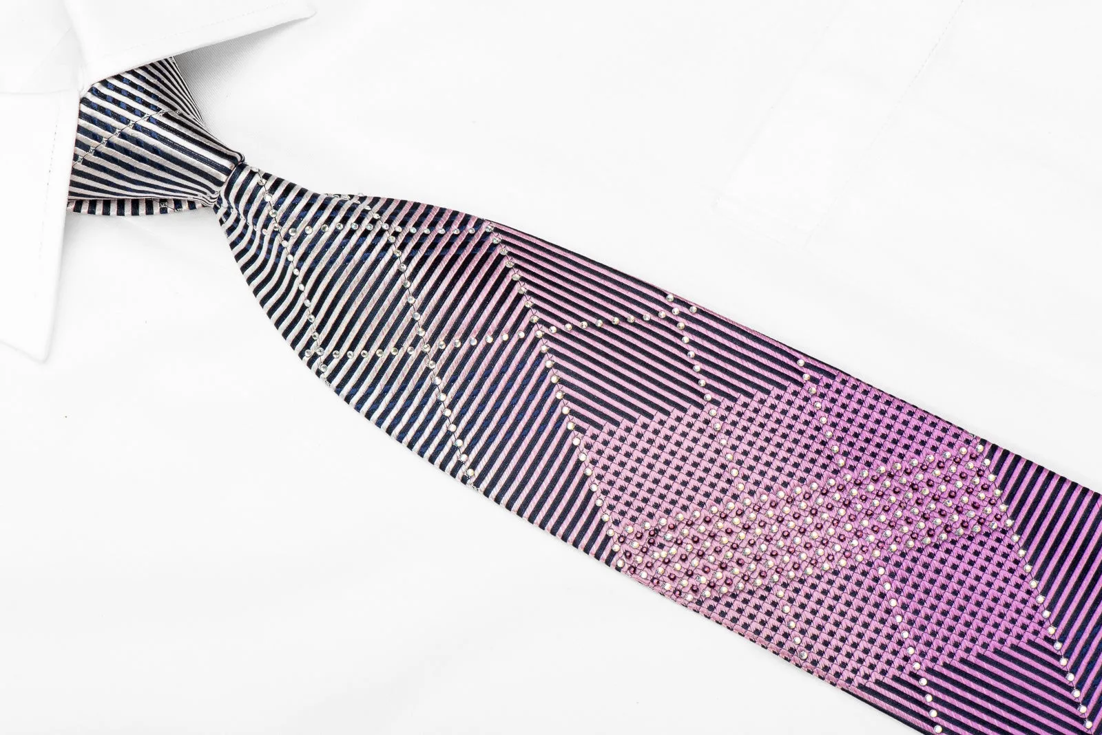 Parkland Men's Crystal Rhinestone Silk Necktie Blue Purple Geometric Stripe Design