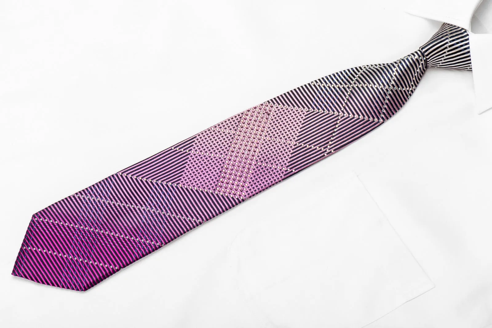 Parkland Men's Crystal Rhinestone Silk Necktie Blue Purple Geometric Stripe Design