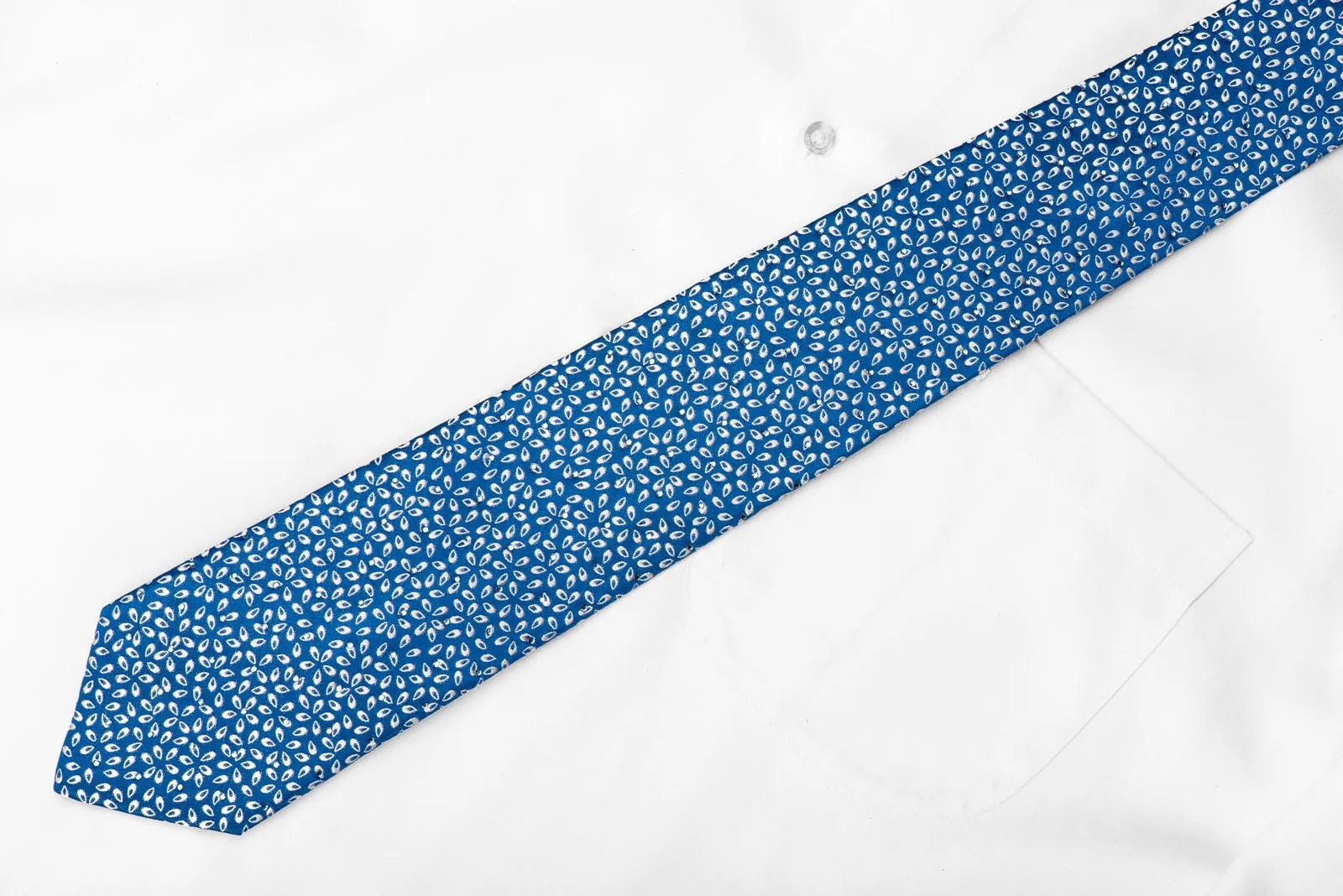 Perry Ellis Men's Crystal Silk Tie Silver Geometric On Blue Sparkling With Rhinestones