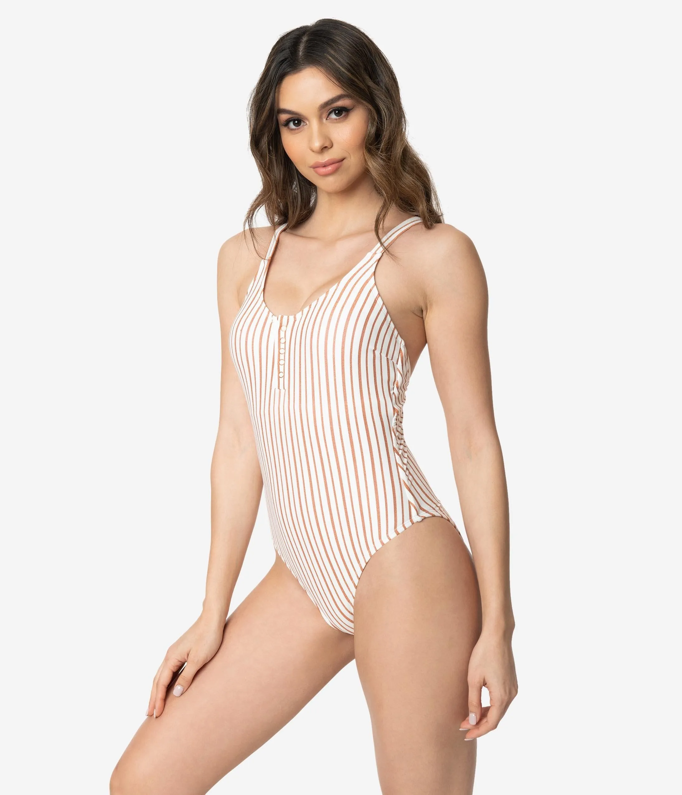 Retro Style Ivory & Sparkling Copper Stripe One Piece Swimsuit