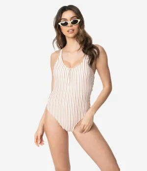 Retro Style Ivory & Sparkling Copper Stripe One Piece Swimsuit