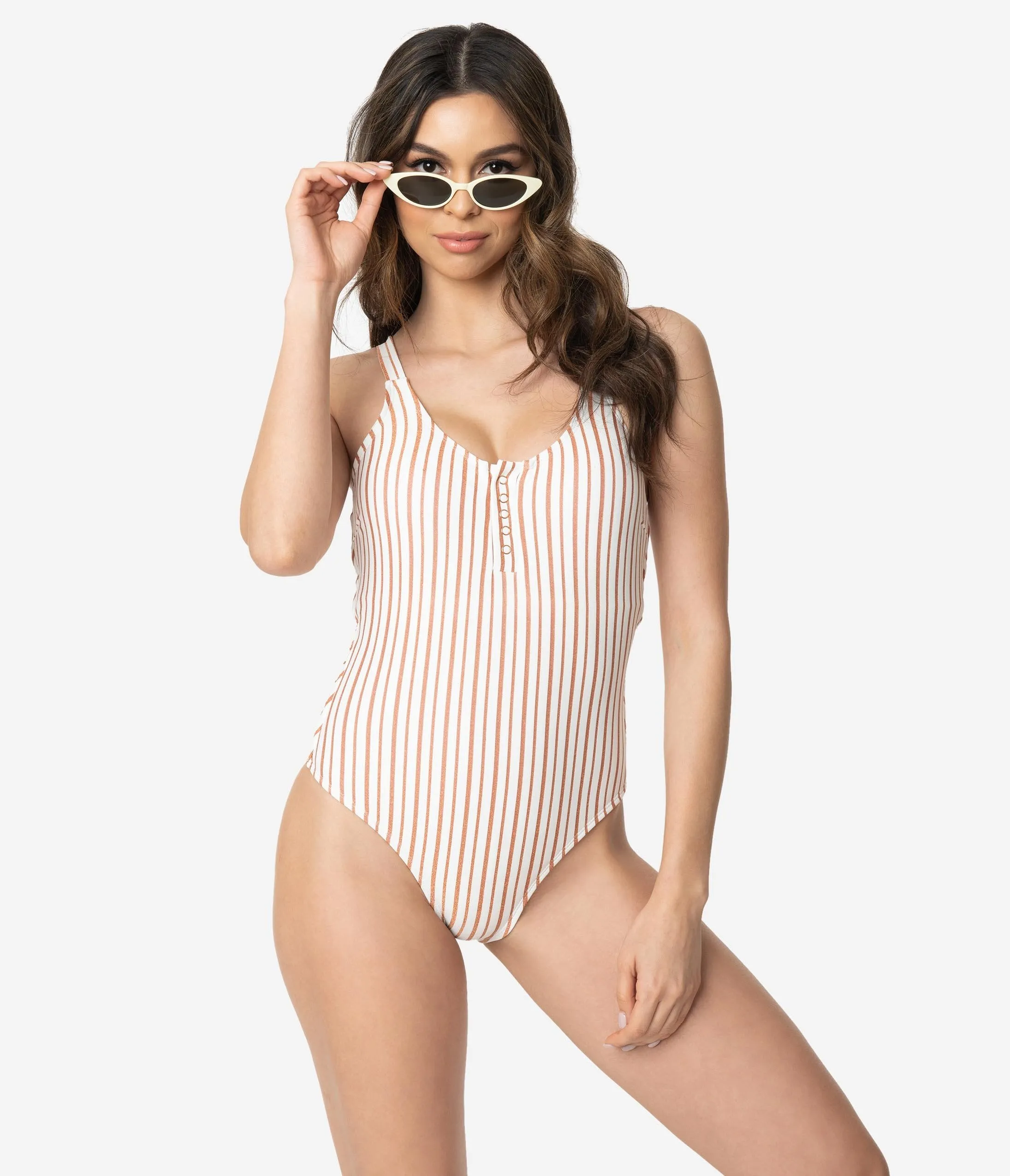 Retro Style Ivory & Sparkling Copper Stripe One Piece Swimsuit
