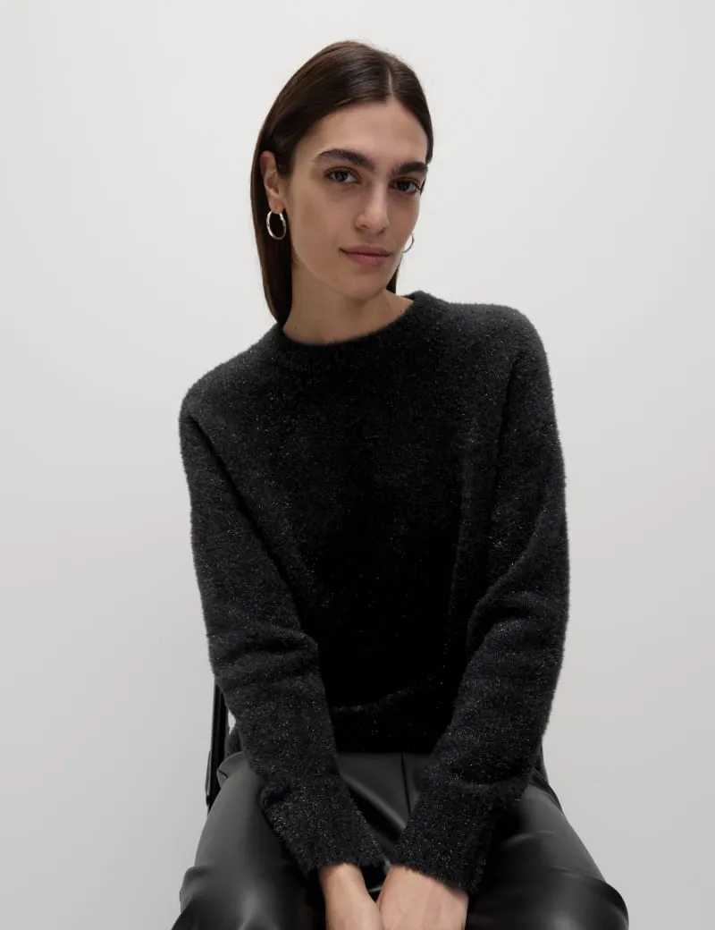 Ribbed Metallic Crew Neck Relaxed Jumper