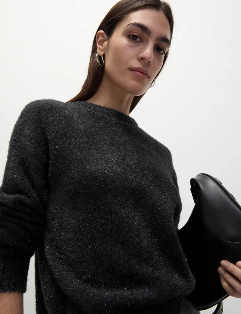 Ribbed Metallic Crew Neck Relaxed Jumper
