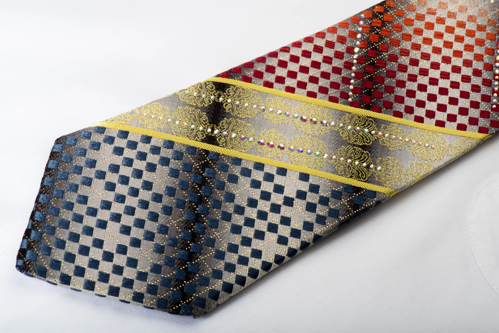 Roberta di Camerino Rhinestone Silk Necktie Red Blue Checked On Silver With Gold Sparkles
