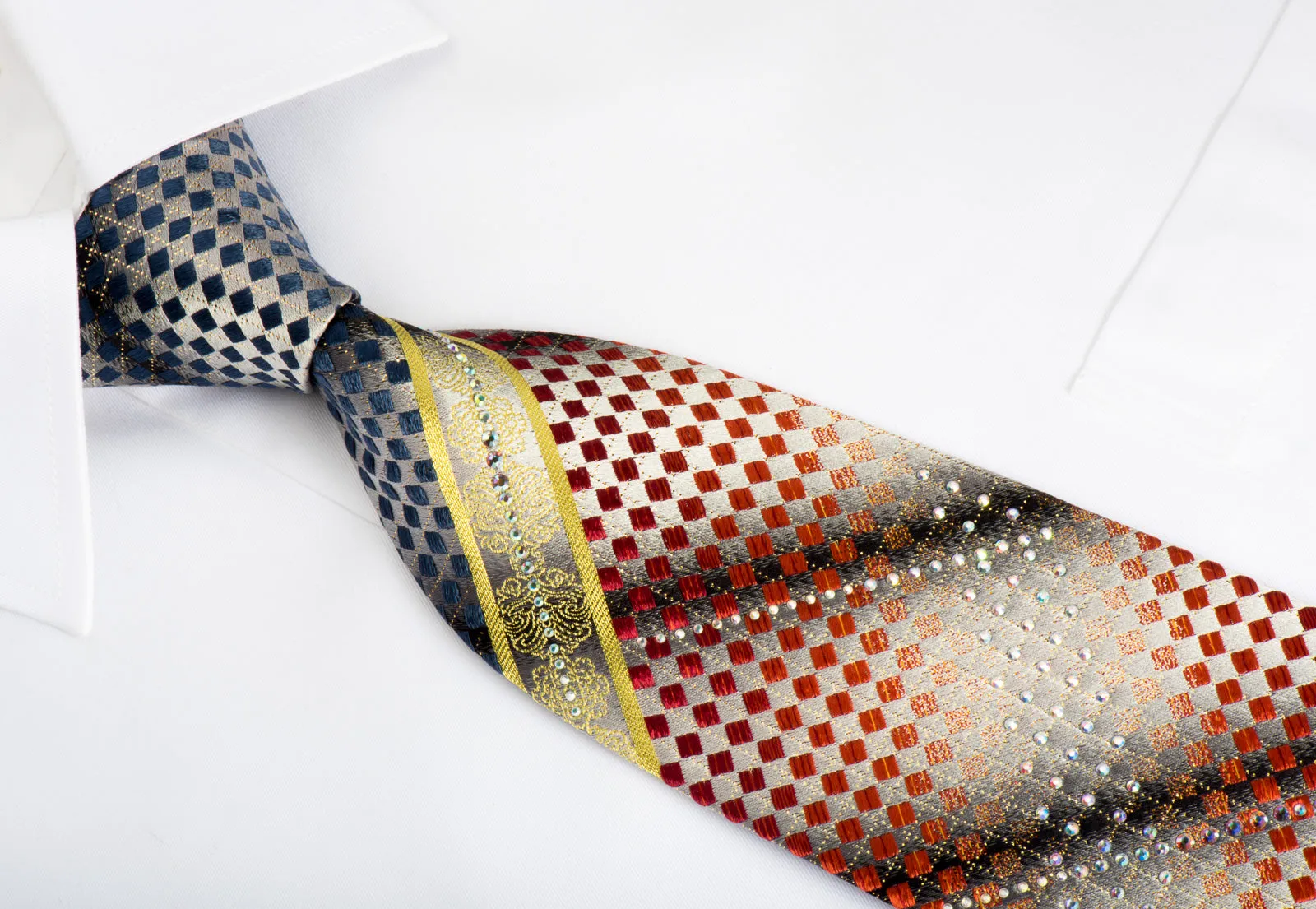 Roberta di Camerino Rhinestone Silk Necktie Red Blue Checked On Silver With Gold Sparkles