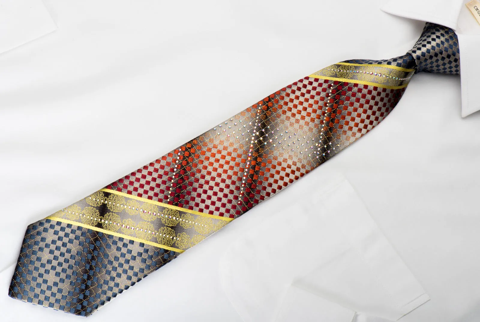 Roberta di Camerino Rhinestone Silk Necktie Red Blue Checked On Silver With Gold Sparkles