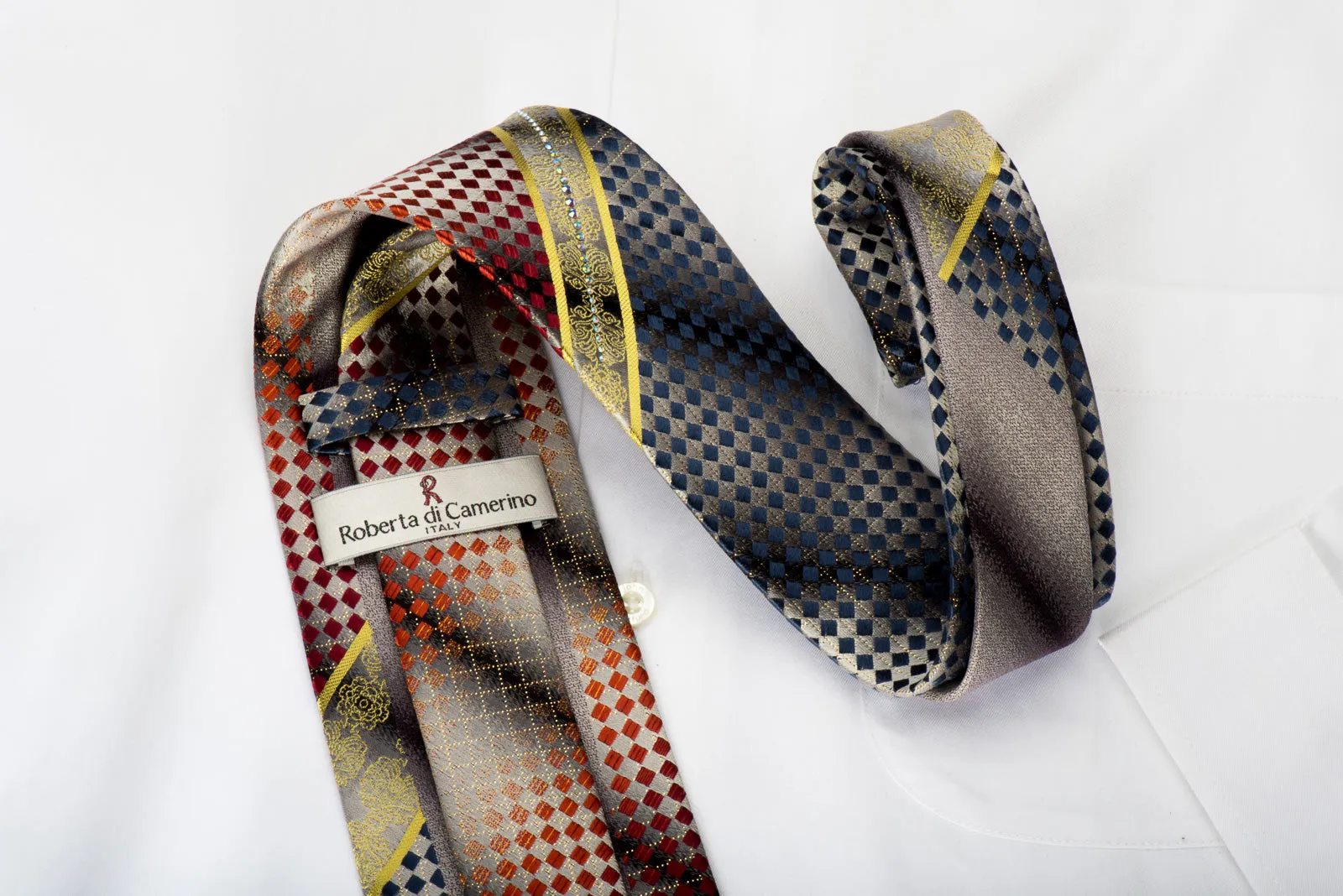 Roberta di Camerino Rhinestone Silk Necktie Red Blue Checked On Silver With Gold Sparkles