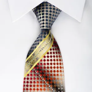 Roberta di Camerino Rhinestone Silk Necktie Red Blue Checked On Silver With Gold Sparkles