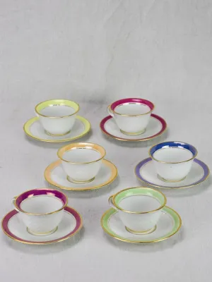 Six multi-color coffee cups and saucers Limoges 1950's