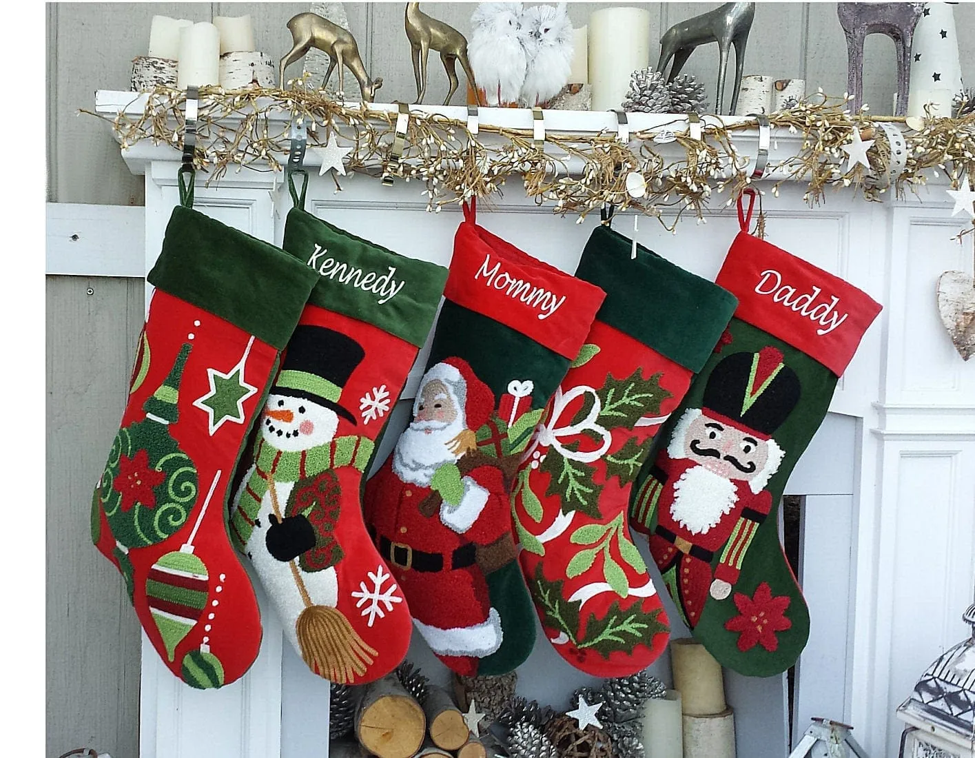 Whimsical Nutcracker or Cute Snowman Tufted Velvet Children's Christmas Stockings Embroidered and Personalized with Names Family Heirloom