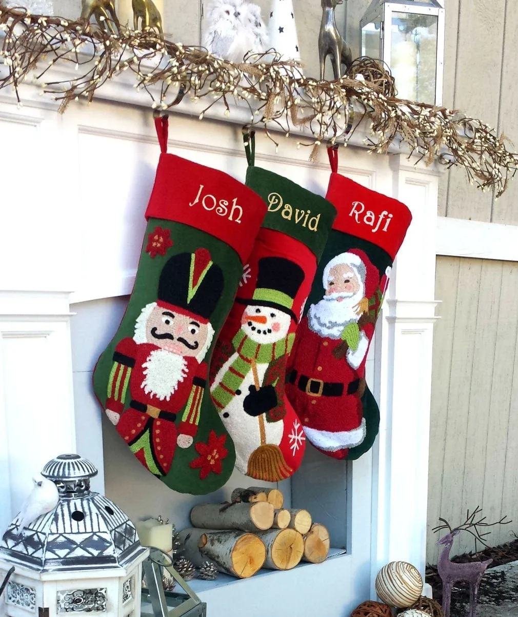 Whimsical Nutcracker or Cute Snowman Tufted Velvet Children's Christmas Stockings Embroidered and Personalized with Names Family Heirloom