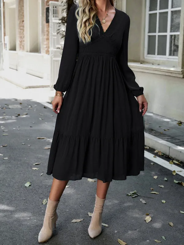 Women's Elegant lace solid color V-neck dress
