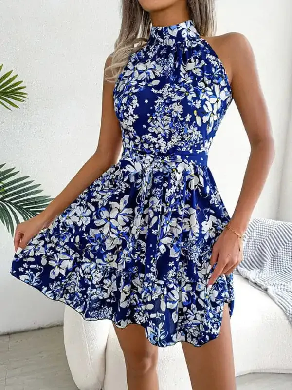 Women’s Elegant Lace-Up Ruffled Floral Dress