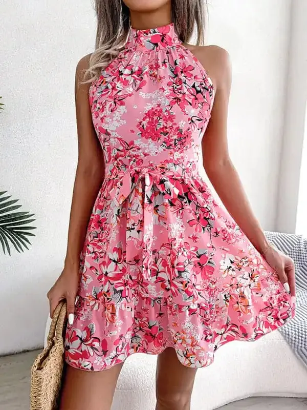 Women’s Elegant Lace-Up Ruffled Floral Dress