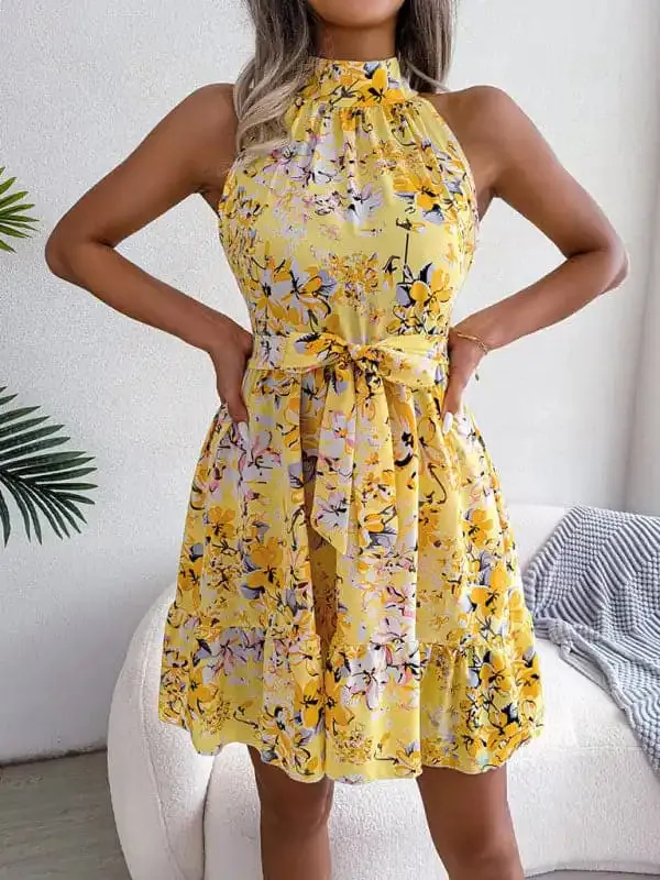 Women’s Elegant Lace-Up Ruffled Floral Dress