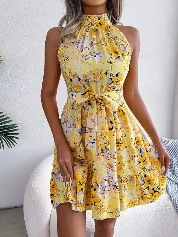 Women’s Elegant Lace-Up Ruffled Floral Dress