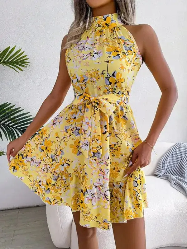 Women’s Elegant Lace-Up Ruffled Floral Dress