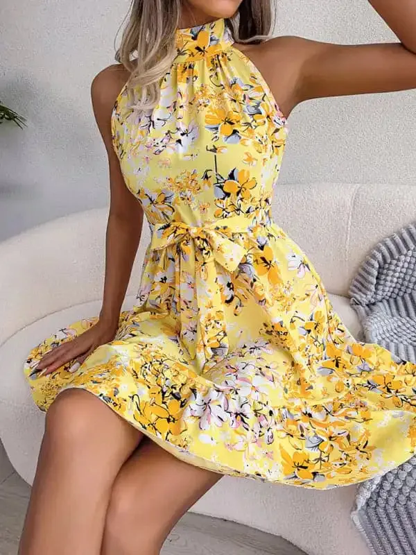 Women’s Elegant Lace-Up Ruffled Floral Dress